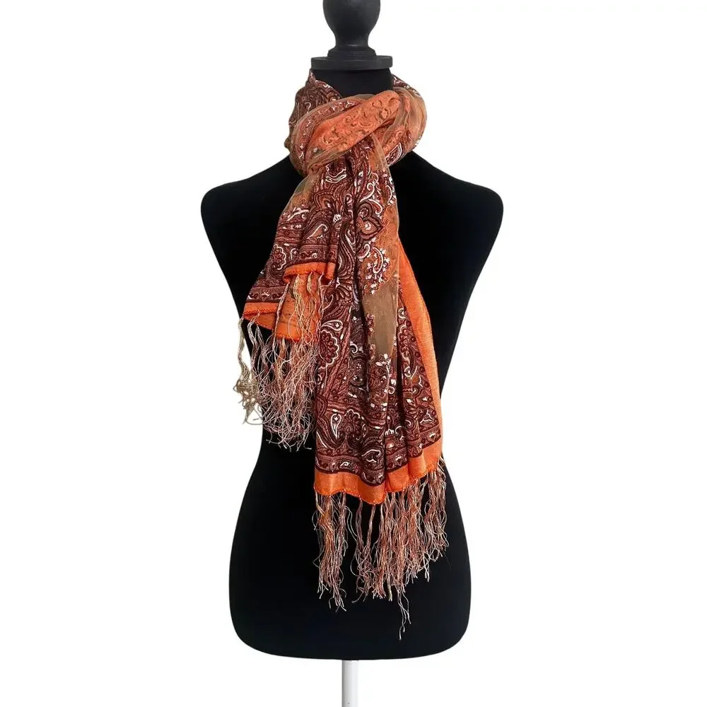Womens Burnout Scarf Orange Brown Paisley Tassel Fringe Wrap Shawl Boho Festival